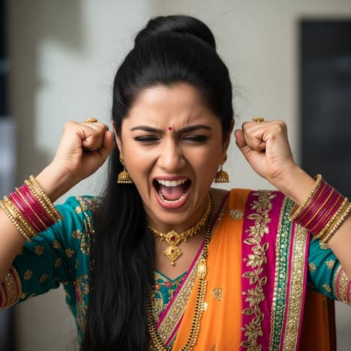 Intense Expression of South Asian Woman in Traditional Indian Attire