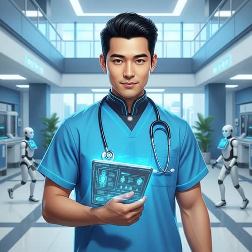 Futuristic Nurse | High-Tech Asian Male Nurse with Digital Tablet