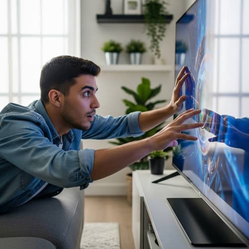 Hispanic Man Reaching out Towards Television Screen