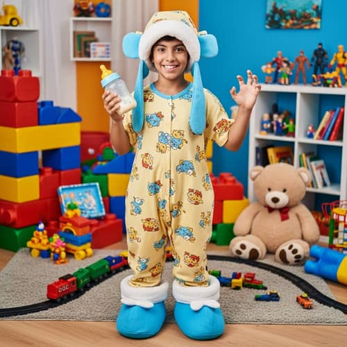 Humorous Teen in Oversized Toddler Outfit | Fun Room Scene