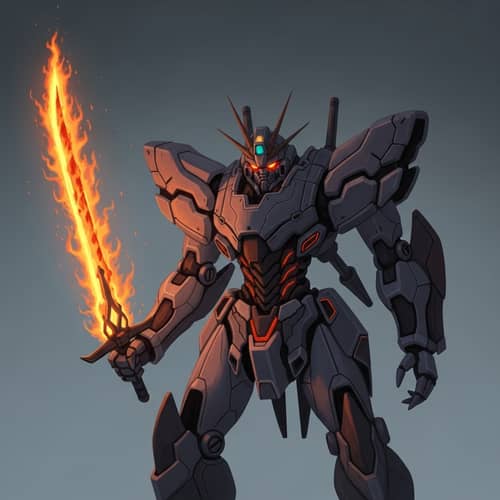 Abstract Giant Robot with Flaming Sword - Anime-Inspired Artwork