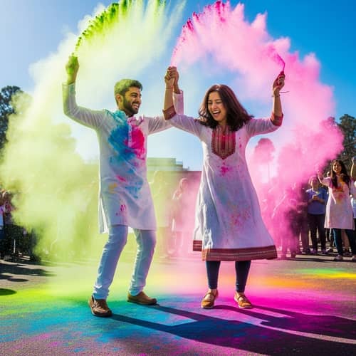 Vibrant Holi Dance: Male & Female Couple Celebrate with Swirls of Colors