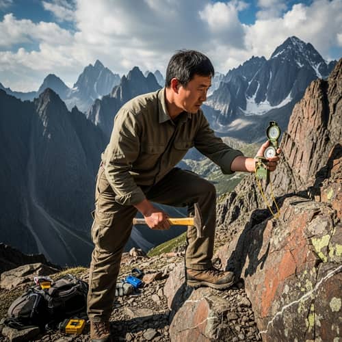 Chinese Geologist Working in Mountains with Compass and Geological Hammer