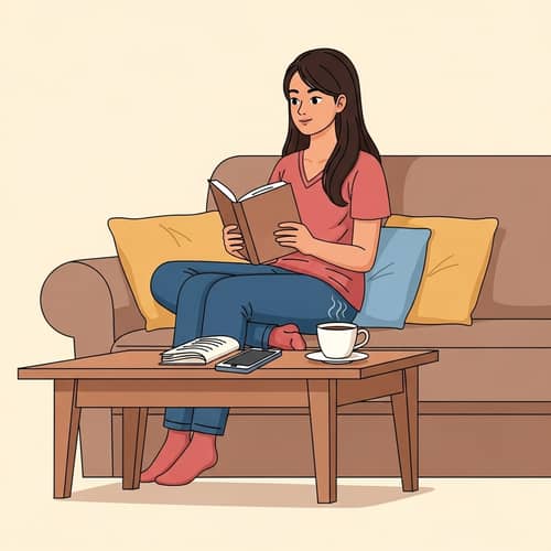 Serene Indian Girl Reading Book on Cozy Couch