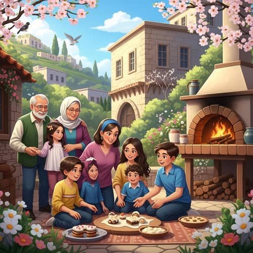 Multigenerational Middle-Eastern Family Celebrating New Year in Levantine Village