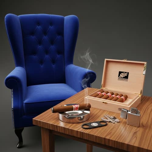 Luxurious Royal Velvet High Back Accent Chair & Wooden Table with Cigar Accessories