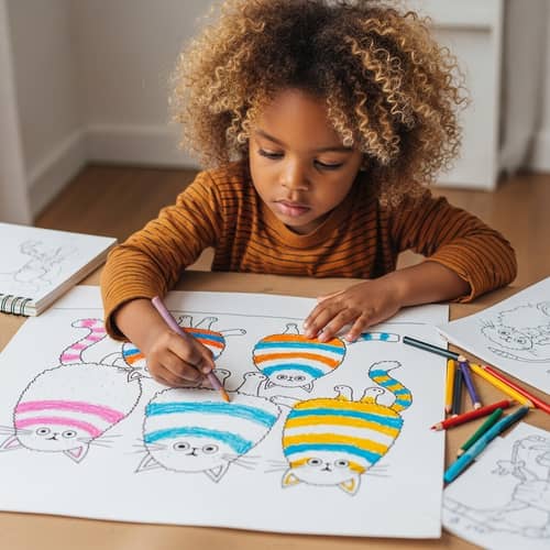 Young Child Drawing Charming Fluffy Cats on Canvas
