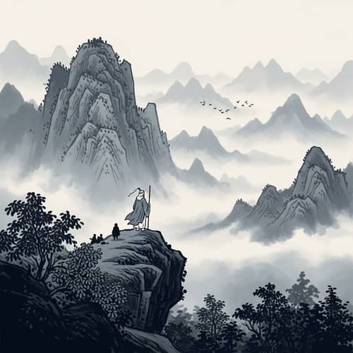 Tranquil Chinese Ink Wash Mountain Landscape Painting