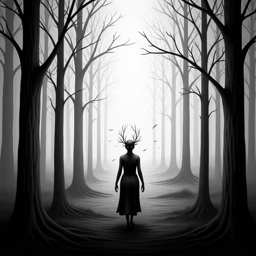 Surrealistic Landscape of Mortality | Enigmatic Figure in Ombré-Toned Woodland