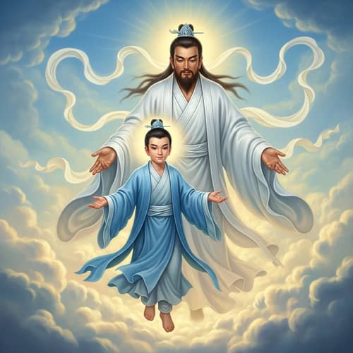 Ethereal Oil Painting of Divine Figures in Celestial Sky