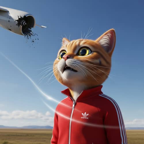 Hyperrealistic Cartoon Cat in Red Tracksuit Sees Engine Break
