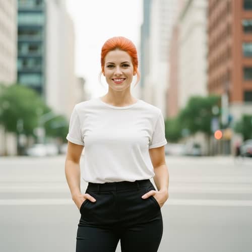 Stylish Woman with Orange Hair in White T-Shirt and Black Pants