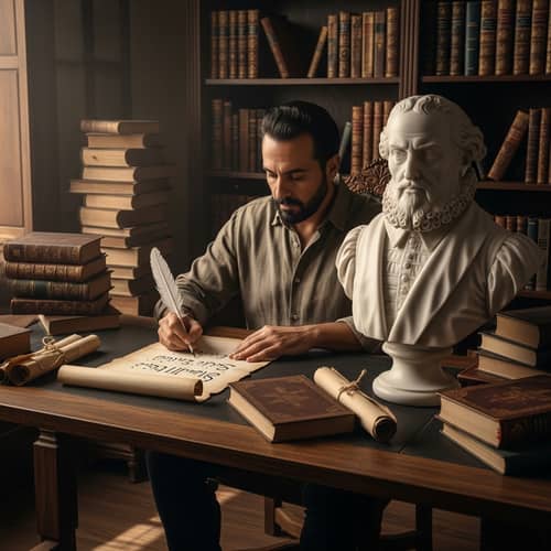 Middle-Eastern Man Writing Poem in Front Of William Shakespeare Statue