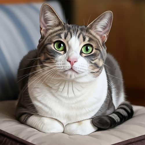 Comfortable Grey and White Cat Illustration | Bright Green Eyes