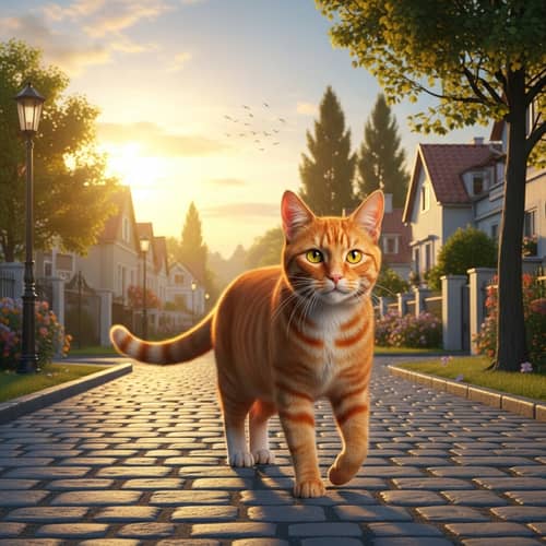 Vibrant Red Cat Strolling Through Quaint Neighborhood Street