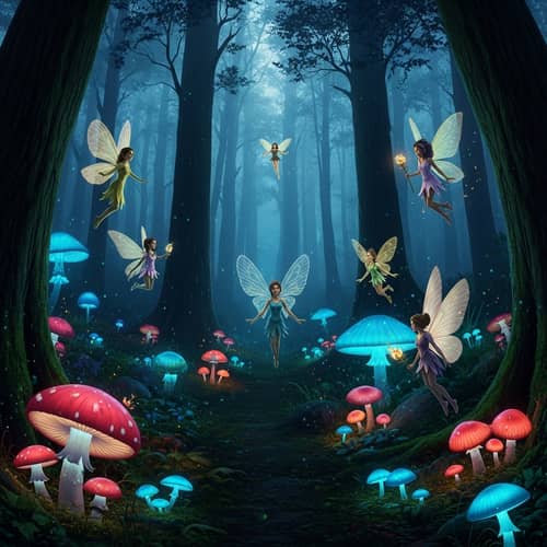Enchanting Woodland with Glowing Mushrooms and Fairies