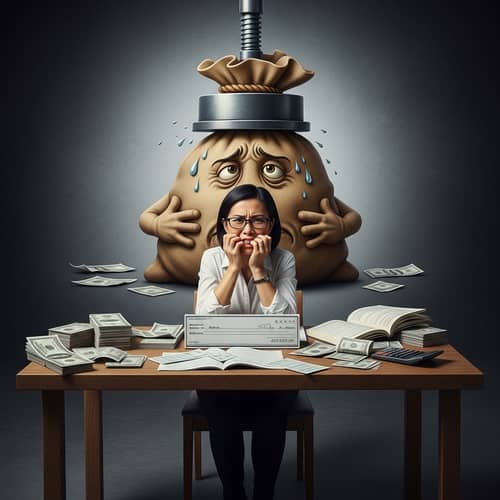 Financial Stress Symbolism: Anxiously Shaped Money Bag Under Pressure