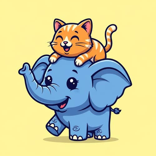 Adorable Elephant Carrying Cat: Joyful Cartoon Illustration
