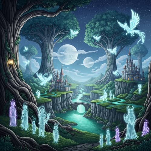 Enchanting Magical World Art | Silver Trees, Emerald River & Luminescent Creatures