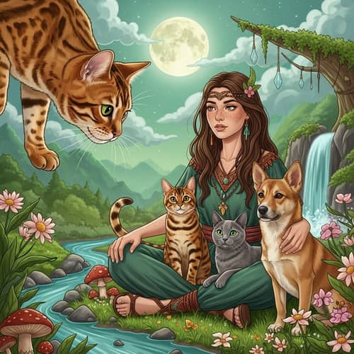 Golden Bengali Cat and Shaman Connection in Nature Scene
