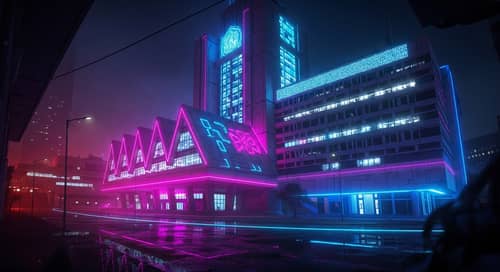 Futuristic Soviet-Style School with Neon Lights | Cyberpunk Architecture