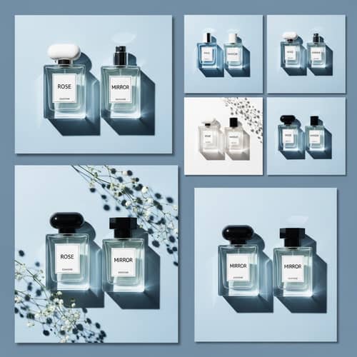 Elegant Perfume Visual Content: Rose & Mirror in Blue-White
