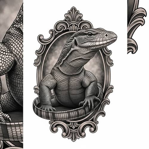 Elegant Savannah Monitor Lizard Tattoo Design | Grey Wash Technique