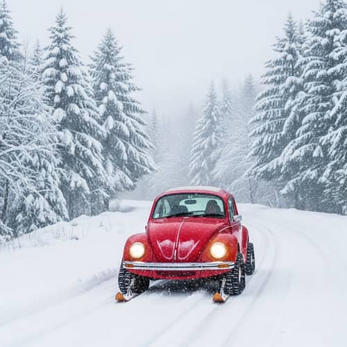 Red Volkswagen Beetle with Skis and Tracks | Snowfall Adventure