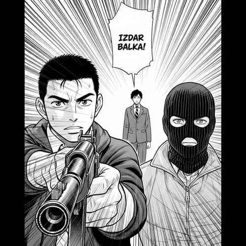 Suspenseful Manga Style Illustration with Hispanic and Caucasian Characters in Sabattier Effect