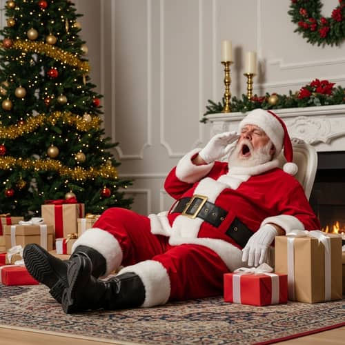 Tired Santa Claus in Festive Room | Gifts & Christmas Tree