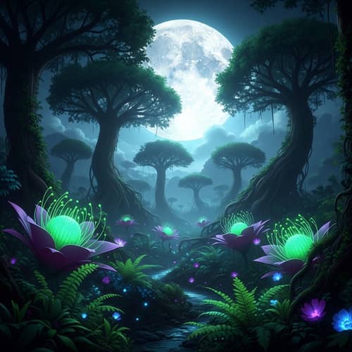 Surreal Moonlit Forest: Enchanting Alien Landscape