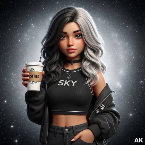 4K 3D Realistic Image of Stylish Girl 'Sky' with Black and Ash Gray Hair and Galaxy Theme Background