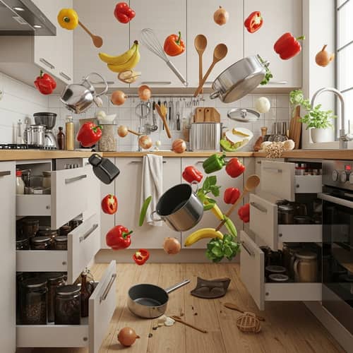 Abstract Kitchen Chaos: Ingredients in Motion