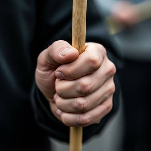 Close-Up Image of Caucasian Hand Gripping Wooden Drumstick