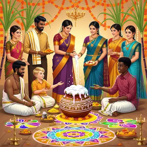 Traditional Pongal Festival Celebration with Colorful Rangoli Patterns