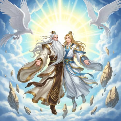 Divine Father and Son: Celestial Beings in Serene Realm