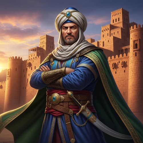 Middle Eastern Military Leader in Traditional Attire | Ancient Castle Background