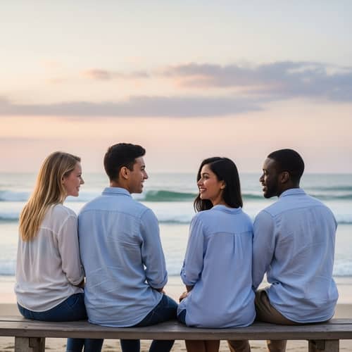 Multicultural Couples Conversing by the Beach | Romantic Sunset Scene