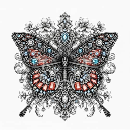 Intricate Symmetrical Butterfly Pattern with Floral Patterns and Jewels