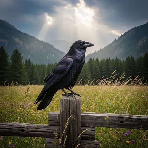 Black Raven on Old Wooden Fence under Cloudy Sky