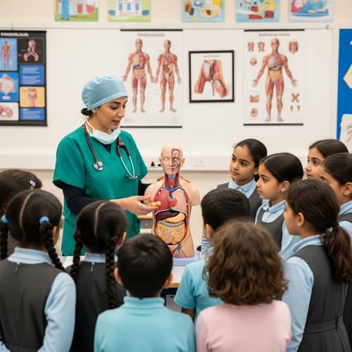Middle-Eastern Female Surgery Professor Educating Diverse Primary School Children