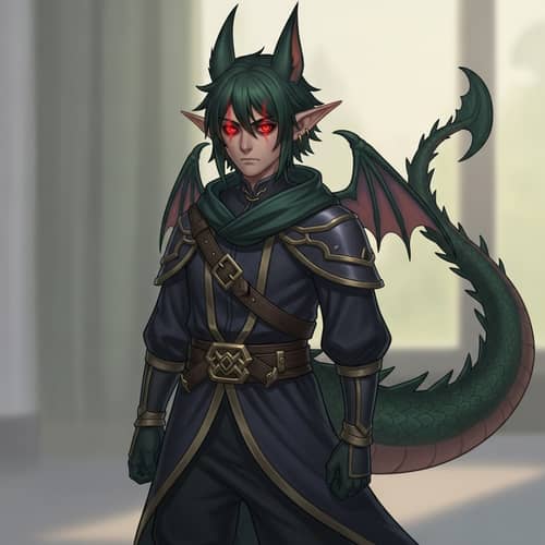 Dark Green Hair Male with Red Eyes and Dragon Tail