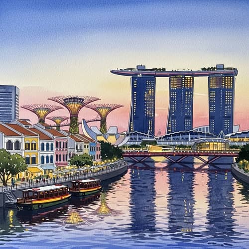 Singapore Cityscape Watercolor Painting | Diverse Architecture Highlights