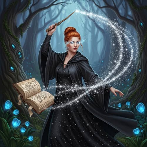 Caucasian Female Witch in Enchanted Forest Casting Silver Magic