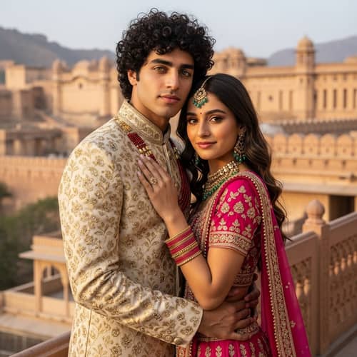 Romantic Rajasthani King and Queen Embrace at Royal Fort