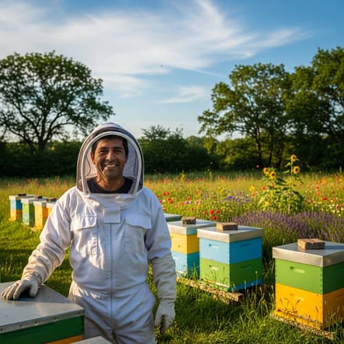 Joyful Hispanic Beekeeper in Green Nature | Beehives Background