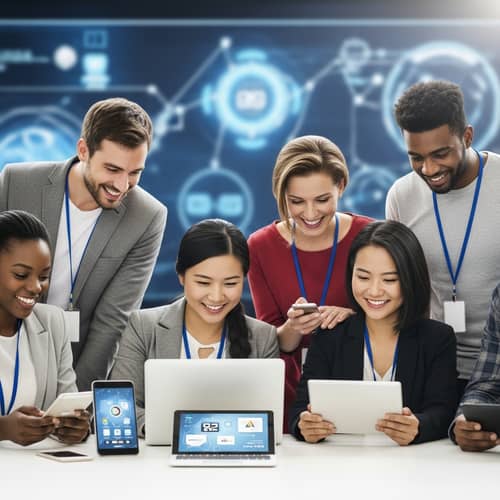 Diverse Group Discovering Innovative Technology | Tech Exploration Joy