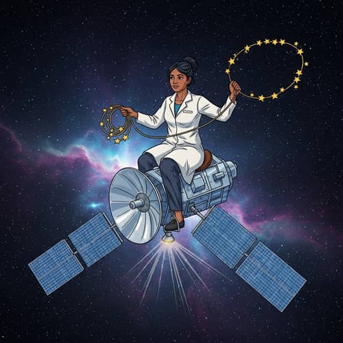 Female Researcher Rides Satellite in Space - Comic Style Fun