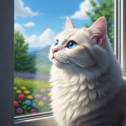 White Cat with Blue Eyes Sitting by Window | Curious & Longing
