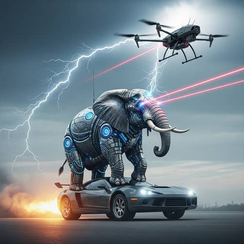 Cyborg Elephant atop Rocket-Powered Vehicle with Lasers